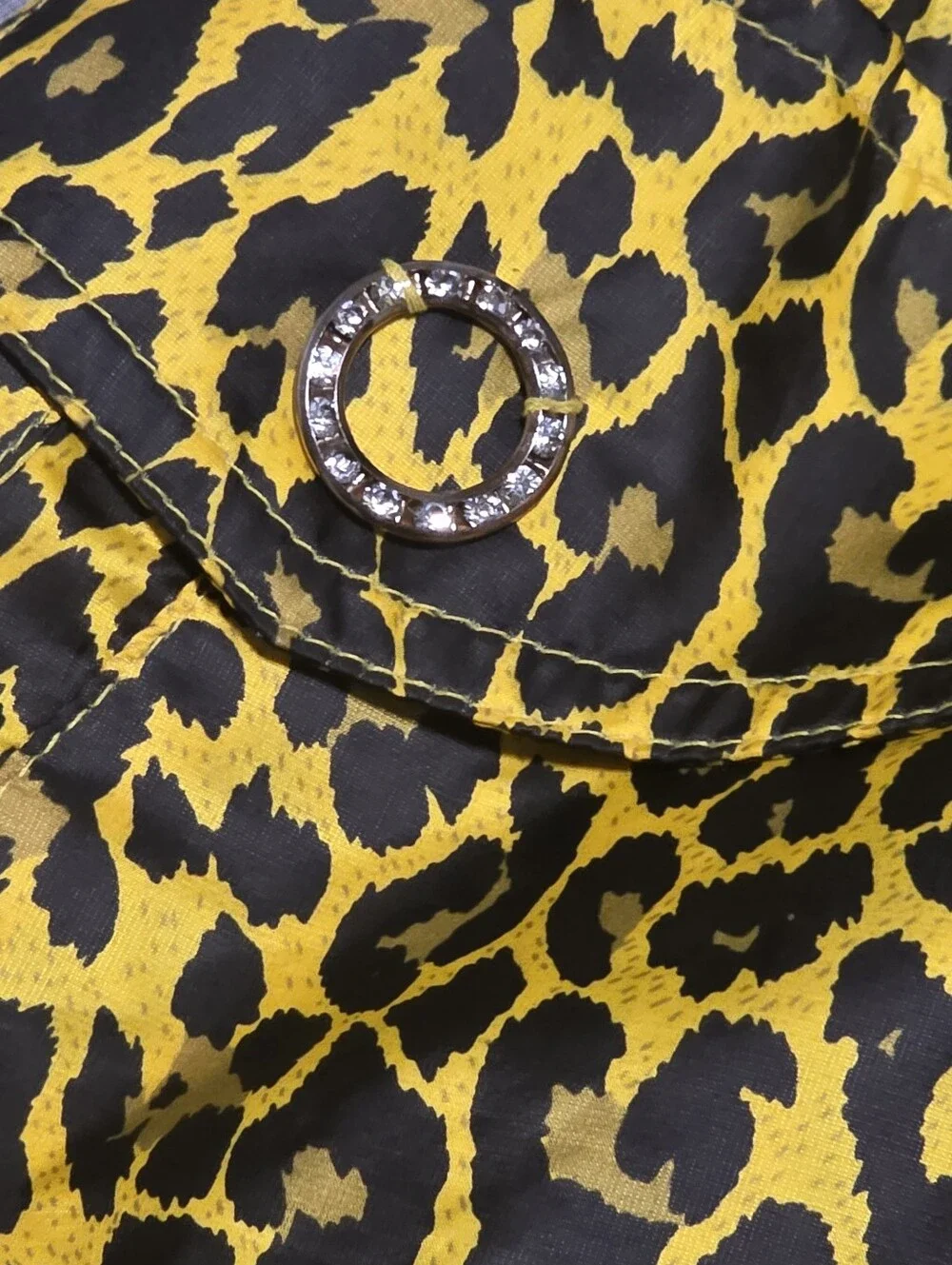 Yellow Leopard Print Drawstring Waist & Neck Windbreaker Rhinestone Detail OS